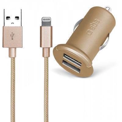 Cargador de coche universal doble salida más cable de datos Apple MFI Lightning SBS Gold Collection