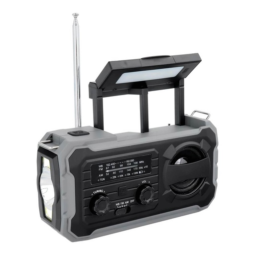 Radio FM con linterna, alarma SOS y powerbank solar de 4000 mAh