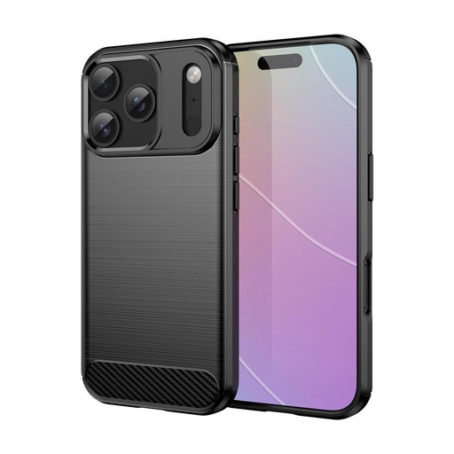 [FSAPI17P] Funda silicona iPhone 17 Pro, alta protección e inserciones símil a fibra de carbono negro