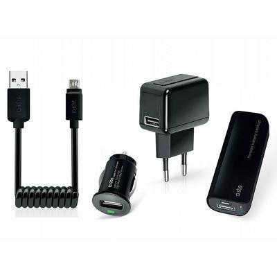 Kit alimentación 4 en 1. Cargador de red + coche + batería externa + cable microUSB